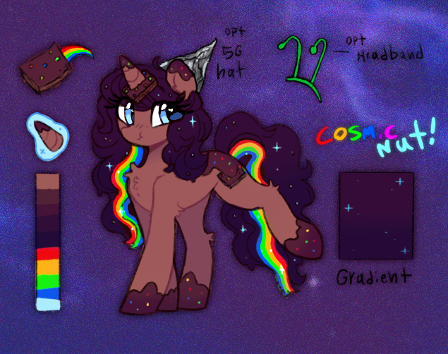 Size: 635x502 | Tagged: safe, artist:flixanoa, derpibooru import, oc, oc:cosmic nut, unofficial characters only, pony, unicorn, alternate form, big eyes, birthday gift art, blue eyes, blue text, brown coat, brownie, chest fluff, coat markings, colored eartips, curly mane, curly tail, eye clipping through hair, eyelashes, female, female oc, food, gift art, gradient background, hat, headband, heart, heart eyes, hock fluff, horn, horn impalement, image, long mane, long tail, looking back, mare, mare oc, multicolored hair, open mouth, open smile, png, rainbow hair, rainbow tail, rainbow text, raised leg, reference sheet, smiling, socks (coat marking), solo, space background, sparkles, sparkly mane, sparkly tail, standing on three hooves, tail, text, three quarter view, tinfoil hat, unicorn oc, wingding eyes