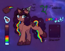 Size: 635x502 | Tagged: safe, artist:flixanoa, derpibooru import, oc, oc:cosmic nut, unofficial characters only, pony, unicorn, alternate form, big eyes, birthday gift art, blue eyes, blue text, brown coat, brownie, chest fluff, coat markings, colored eartips, curly mane, curly tail, eye clipping through hair, eyelashes, female, female oc, food, gift art, gradient background, hat, headband, heart, heart eyes, hock fluff, horn, horn impalement, image, long mane, long tail, looking back, mare, mare oc, multicolored hair, open mouth, open smile, png, rainbow hair, rainbow tail, rainbow text, raised leg, reference sheet, smiling, socks (coat marking), solo, space background, sparkles, sparkly mane, sparkly tail, standing on three hooves, tail, text, three quarter view, tinfoil hat, unicorn oc, wingding eyes