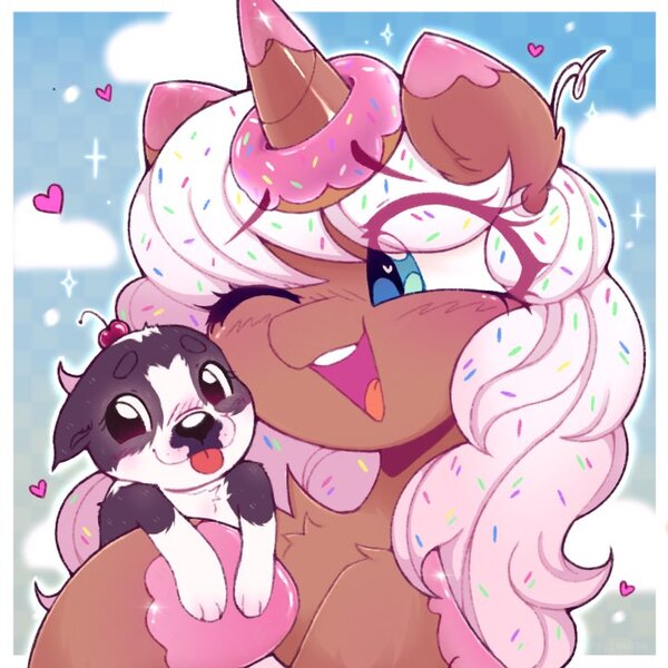 Size: 722x722 | Tagged: safe, artist:flixanoa, derpibooru import, oc, oc:donut daydream, unofficial characters only, dog, pony, unicorn, big eyes, blue eyes, blush lines, blush scribble, blushing, brown coat, bust, chest fluff, cloud, coat markings, colored eartips, commission, cute, donut, eye clipping through hair, eyebrows, eyebrows visible through hair, eyelashes, female, female oc, floating heart, food, gradient background, heart, heart eyes, hoof hold, horn, horn impalement, icon, image, jpeg, leg fluff, long mane, looking at something, mare, mare oc, open mouth, open smile, portrait, profile picture, puppy, shoulder fluff, sky background, smiling, socks (coat marking), solo, sparkles, sprinkles in mane, unicorn oc, white mane, wingding eyes