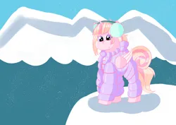 Size: 4093x2894 | Tagged: safe, artist:redfire-pony, derpibooru import, oc, oc:tender sketch, unofficial characters only, alicorn, pony, alicorn oc, clothes, earmuffs, female, folded wings, horn, image, jpeg, mare, mountain, smiling, snow, snowfall, snowsuit, solo, wings, winter, winter outfit