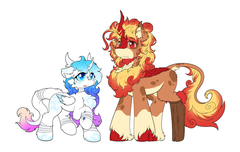 Size: 3984x2514 | Tagged: safe, artist:焰心fireworks, derpibooru import, oc, oc:cookie warm, oc:shining blade, dracony, dragon, hybrid, kirin, succubus, succubus pony, female, image, male, png, size difference