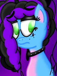 Size: 1620x2160 | Tagged: safe, artist:jesslmc16, derpibooru import, pony, unicorn, g5, alternate hairstyle, bust, collar, emo, eyeshadow, female, freckles, frown, horn, image, lidded eyes, makeup, mare, misty brightdawn, png, portrait, signature, simple background, solo