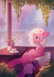 Size: 1748x2480 | Tagged: safe, artist:ksoreek, derpibooru import, fuchsia frost, earth pony, pony, g4, balcony, chair, female, flower, flower pot, food, friendship student, image, mare, plate, png, sitting, solo