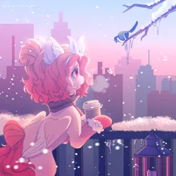 Size: 2000x2000 | Tagged: safe, artist:ksoreek, derpibooru import, oc, unofficial characters only, bird, blue jay, pegasus, pony, balcony, city, cityscape, clothes, coffee cup, commission, cup, female, icicle, image, lantern, mare, mittens, outdoors, png, scarf, snow, snowfall, wings