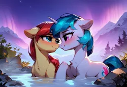 Size: 3648x2496 | Tagged: suggestive, ai content, derpibooru import, machine learning generated, prompter:runehoof, stable diffusion, oc, earth pony, unicorn, aurora borealis, blue hair, brown fur, duo, earth pony oc, female, horn, hot springs, image, jpeg, lesbian, mountain, outdoors, unicorn oc, white fur