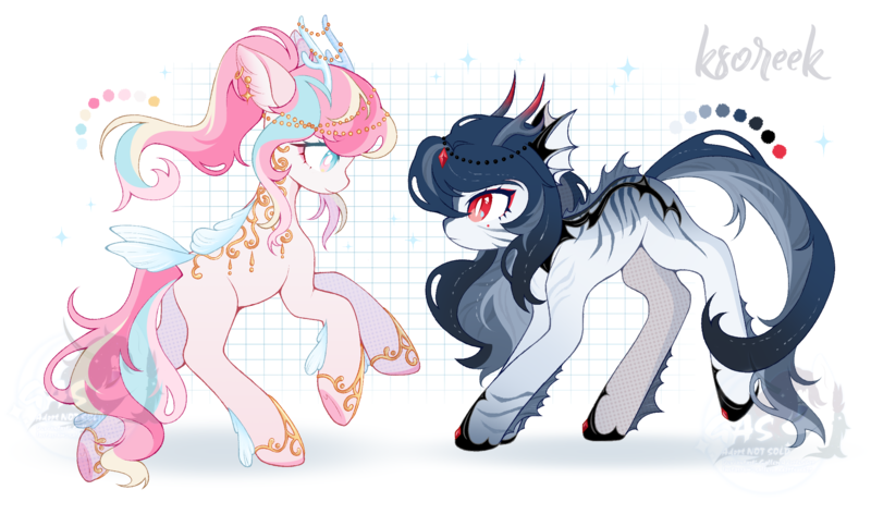 Size: 2430x1434 | Tagged: safe, artist:ksoreek, derpibooru import, oc, unnamed oc, unofficial characters only, merpony, pony, adoptable, anklet, antler jewelry, antlers, arched back, behaving like a cat, blue eyes, circlet, dorsal fin, duo, duo female, ear piercing, earring, eyeliner, eyeshadow, female, fin, fin ears, gradient antlers, grid background, headpiece, hoof shoes, horn, horn jewelry, horns, image, jewelry, leg fins, lightly watermarked, looking at you, makeup, mare, multicolored eyes, piercing, png, ponytail, raised hoof, red eyes, reference sheet, simple background, slit pupils, striped, watermark, white background, white pupils