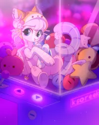 Size: 1407x1779 | Tagged: safe, artist:ksoreek, derpibooru import, oc, unofficial characters only, earth pony, original species, plush pony, pony, beanie, claw machine, commission, female, hat, image, mare, paws, plushie, png, solo, stitched body, stitches