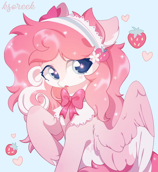 Size: 1614x1758 | Tagged: safe, artist:ksoreek, derpibooru import, oc, unofficial characters only, pegasus, pony, blue background, bonnet, bowtie, commission, female, floating heart, food, heart, image, mare, png, simple background, spread wings, strawberry, wings