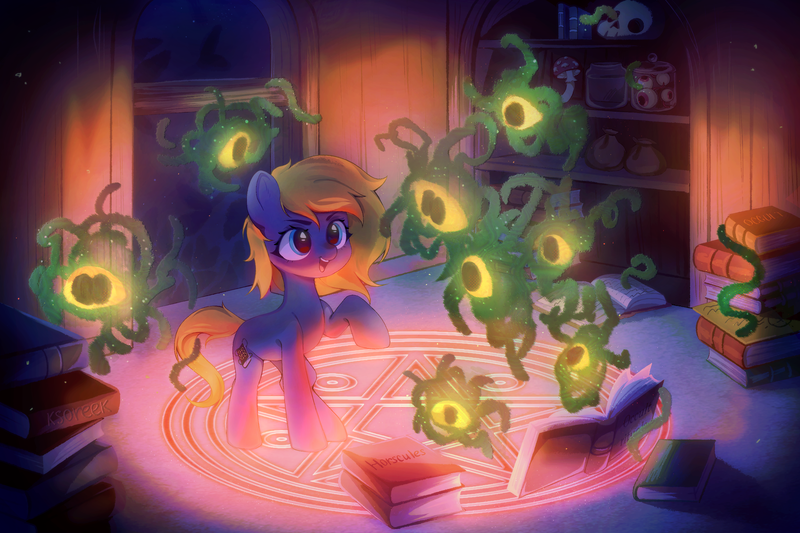 Size: 3000x2000 | Tagged: safe, artist:ksoreek, derpibooru import, oc, unofficial characters only, earth pony, pony, book, eyeball, image, indoors, magic, magic circle, mushroom, open mouth, open smile, png, skull, smiling, spellbook