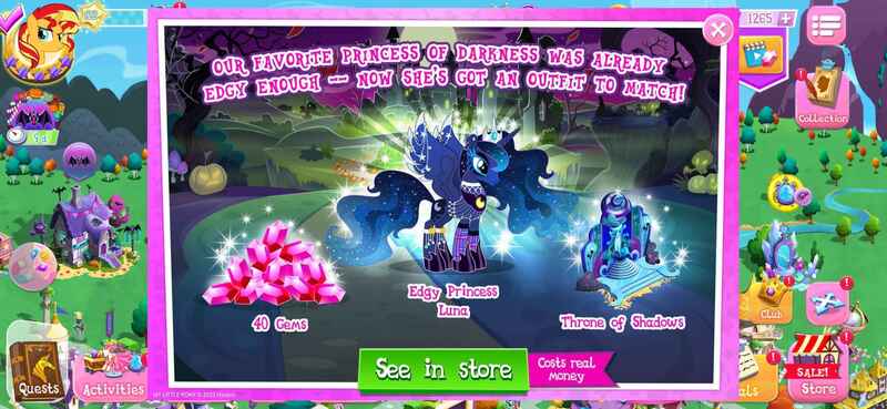 Size: 2340x1080 | Tagged: safe, derpibooru import, official, princess luna, sunset shimmer, alicorn, pony, unicorn, g4, advertisement, clothes, costs real money, crown, ear piercing, earring, edgy luna, english, eyeliner, eyeshadow, female, gameloft, hoof shoes, horn, image, introduction card, jewelry, jpeg, makeup, mare, mobile game, my little pony: magic princess, numbers, peytral, piercing, princess shoes, regalia, socks, solo focus, spread wings, tail, text, wing jewelry, wings