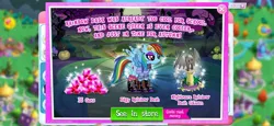 Size: 2340x1080 | Tagged: safe, derpibooru import, rainbow dash, pegasus, pony, g4, advertisement, clothes, costs real money, ear piercing, edgy, edgy rainbow dash, english, female, gameloft, gem, image, introduction card, jpeg, makeup, mare, mobile game, my little pony: magic princess, piercing, socks, solo, spread wings, text, wings