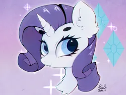 Size: 4000x3000 | Tagged: safe, artist:zokkili, derpibooru import, rarity, pony, unicorn, g4, bust, cutie mark background, ear fluff, eyebrows, female, high res, horn, image, jpeg, looking at you, mare, portrait, signature, smiling, smiling at you, solo, sparkles