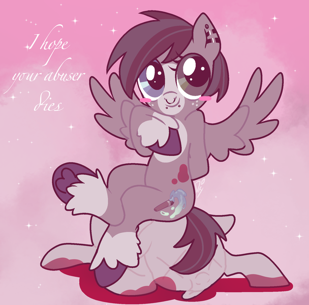 Size: 1723x1700 | Tagged: semi-grimdark, artist:doodlesinky, derpibooru import, oc, oc:inky doodles, pegasus, abstract background, blaze (coat marking), blood, coat markings, corpse, cute, dead, ear piercing, facial markings, heterochromia, image, innocent, lip piercing, looking offscreen, motivational, nonbinary, nose piercing, nose ring, piercing, png, shiny eyes, simple background, sitting on, sitting on person, sitting on pony, solo, text, violence