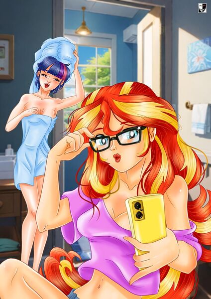 Size: 1000x1414 | Tagged: safe, artist:lord--opal, derpibooru import, sci-twi, sunset shimmer, twilight sparkle, human, equestria girls, g4, accessory theft, adjusting glasses, after shower, bathroom, bathtowel, belly, belly button, blue eyes, breasts, busty sci-twi, busty sunset shimmer, cleavage, clothes, duckface, duo, duo female, female, glasses, glasses off, human coloration, image, jpeg, lesbian, lipstick, midriff, mobile phone, naked towel, open mouth, open smile, phone, selfie, ship:sci-twishimmer, shipping, shirt, smiling, squint, sunsetsparkle, towel, towel on head, wrong eye color