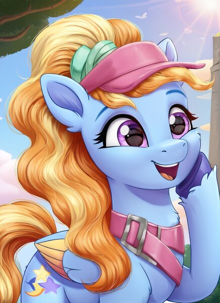 Size: 872x1200 | Tagged: safe, ai content, derpibooru import, machine learning generated, pegasus, pony, g5, female, fifi (g5), hat, hoof on chin, image, jpeg, mare, open mouth, open smile, outdoors, ponytail, smiling, solo, straps, sun, sunlight