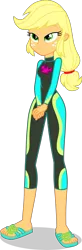 Size: 1287x3925 | Tagged: safe, alternate version, artist:dustinwatsongkx, derpibooru import, applejack, human, equestria girls, g4, clothes, clothes swap, feet, female, fluttershy's wetsuit, hat, hatless, image, missing accessory, png, sandals, simple background, solo, swimsuit, swimsuit swap, transparent background, vector, wetsuit