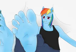 Size: 1280x877 | Tagged: suggestive, artist:radiantaurora, derpibooru import, rainbow dash, anthro, g4, ear piercing, earring, feet, female, fetish, foot fetish, foot focus, image, jewelry, jpeg, piercing, smiling, soles, teasing, toes