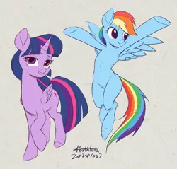 Size: 2676x2558 | Tagged: safe, artist:forthfona, derpibooru import, rainbow dash, twilight sparkle, twilight sparkle (alicorn), alicorn, pegasus, pony, semi-anthro, duo, duo female, female, grin, image, jpeg, mare, paper background, smiling