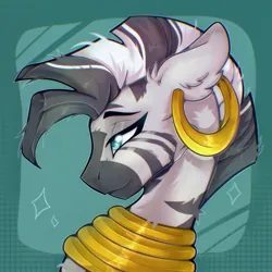 Size: 1181x1181 | Tagged: safe, artist:koffeemilk, derpibooru import, zecora, pony, zebra, g4, bust, female, image, jpeg, mare, profile, smiling, solo