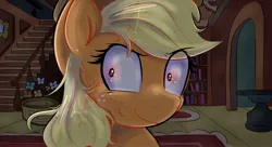 Size: 1980x1080 | Tagged: safe, artist:flutterpawss, derpibooru import, applejack, earth pony, pony, fanfic:apple sleep experiment, g4, blood, blood on face, eye clipping through hair, fanfic art, female, image, indoors, jpeg, mare, smiling, solo, wide eyes