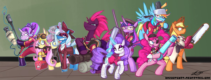 Size: 2048x784 | Tagged: safe, artist:drzootsuit, derpibooru import, applejack, fluttershy, pinkie pie, rainbow dash, rarity, starlight glimmer, tempest shadow, trixie, twilight sparkle, earth pony, pegasus, unicorn, g4, ambassador, baseball bat, bonesaw, flamethrower, gun, horn, image, jpeg, minigun, party cannon, rifle, rocket launcher, sniper rifle, team fortress 2, weapon, wrench