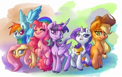 Size: 2048x1296 | Tagged: safe, artist:leadhooves, derpibooru import, applejack, fluttershy, pinkie pie, rainbow dash, rarity, twilight sparkle, twilight sparkle (alicorn), alicorn, earth pony, pegasus, pony, unicorn, g4, abstract background, colored pupils, female, floppy ears, heart, heart eyes, horn, image, jpeg, jumping, kiss mark, leonine tail, lesbian, lipstick, looking at you, mane six, mare, raised hoof, rarijack, shipping, smiling, smiling at you, spread wings, tail, wingding eyes, wings