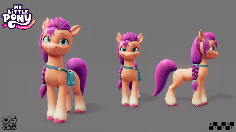 Size: 3840x2160 | Tagged: safe, artist:enrique cabanas, artist:esanchca, derpibooru import, official, sunny starscout, earth pony, pony, g5, 3d, 3d model, bag, behind the scenes, braid, braided ponytail, concept art, female, front view, image, jpeg, logo, looking at you, mare, model, my little pony logo, my little pony: a maretime bay adventure, ponytail, reference, reference sheet, saddle bag, scrunchie, side view, simple background, smiling, smiling at you, solo, unshorn fetlocks