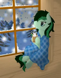 Size: 2750x3500 | Tagged: safe, artist:windy, derpibooru import, oc, oc:eden shallowleaf, unofficial characters only, pegasus, pony, blanket, cabin, chocolate, commission, cozy, cute, eyelashes, female, food, hidden wings, hot chocolate, image, looking through the window, mare, night, pegasus oc, plaid, png, sitting, snow, snowfall, tail, two toned eyes, two toned hair, two toned mane, two toned tail, wings, winter