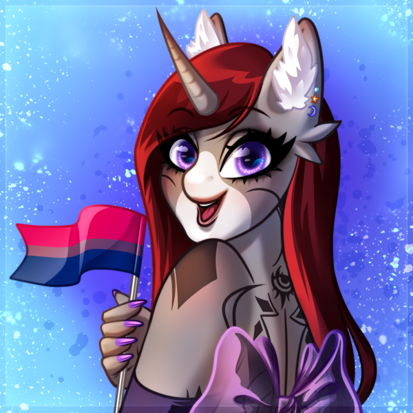 Size: 4092x4092 | Tagged: safe, artist:minamikoboyasy, derpibooru import, oc, oc:selune darkeye, unofficial characters only, anthro, pony, unicorn, anthro oc, bisexual pride flag, body markings, clothes, coat markings, dress, ear fluff, facial markings, horn, image, looking at you, markings, nails, png, pony oc, pride, pride flag, rear view, redhead, simple background, smiling, smiling at you, snip (coat marking), solo, turned head, unicorn oc