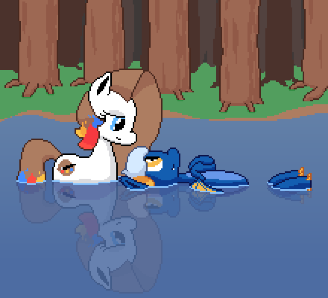 Size: 880x800 | Tagged: safe, artist:nitobit, derpibooru import, oc, oc:moonlight wane, oc:titanium white, bat pony, earth pony, pony, cute, digital art, female, forest, image, male, mare, nature, pixel art, png, stallion, swimming, tree, water