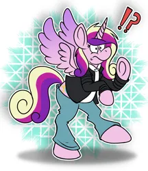 Size: 1588x1838 | Tagged: safe, artist:sketchymouse, derpibooru import, princess cadance, alicorn, pony, g4, clothes, exclamation point, human to pony, image, interrobang, jacket, outline, pants, png, question mark, solo, transformation