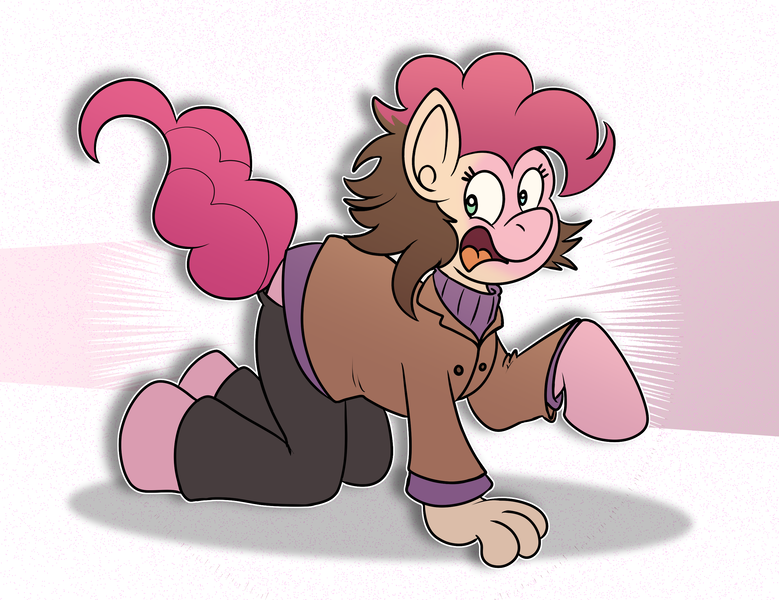 Size: 2768x2132 | Tagged: safe, artist:sketchymouse, derpibooru import, pinkie pie, earth pony, human, pony, all fours, clothes, excited, high res, human to pony, image, looking back, open mouth, open smile, outline, png, smiling, solo, tail, transformation, twitchy tail