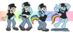 Size: 3308x1492 | Tagged: safe, artist:sketchymouse, derpibooru import, rainbow dash, human, pegasus, pony, clothes, excited, hat, high res, human to pony, image, outline, png, shirt, solo, t-shirt, transformation, transformation sequence