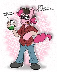 Size: 1725x2151 | Tagged: safe, artist:sketchymouse, derpibooru import, pinkie pie, earth pony, human, pony, clothes, dialogue, glasses, human to pony, image, mobile phone, phone, phone call, plaid shirt, png, shirt, smartphone, solo, standing, transformation