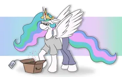 Size: 3193x2019 | Tagged: safe, artist:sketchymouse, derpibooru import, princess celestia, alicorn, pony, box, clothes, high res, human to pony, image, magic, outline, package, png, solo, transformation, unamused