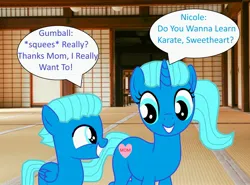 Size: 2576x1909 | Tagged: safe, artist:memeartboi, derpibooru import, ponified, pegasus, pony, unicorn, g4, beautiful, bonding, colt, cute, duo, duo male and female, excited, female, foal, grin, gumball watterson, happy, heart, horn, image, indoors, jpeg, karate, learning, little boy, male, mare, mother, mother and child, mother and son, motherly, nicole watterson, pegasus wings, smiling, speech bubble, squee, standing, text, the amazing world of gumball, unicorn horn, wholesome, wings