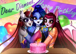 Size: 4093x2894 | Tagged: safe, artist:minamikoboyasy, derpibooru import, party cake, oc, oc:diamond dust(minamikoboyasy), oc:selune darkeye, unofficial characters only, anthro, pony, shark, succubus, unicorn, g3, anthro oc, balloon, banner, birthday, birthday cake, body markings, cake, candle, clothes, dress, ear fluff, food, horn, hug, image, jewelry, markings, necklace, png, redhead, smiling, succubus oc, unicorn oc, wings