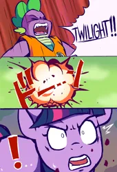 Size: 1260x1848 | Tagged: safe, artist:thegemstallion, derpibooru import, spike, twilight sparkle, dragon, pony, unicorn, g4, 3 panel comic, comic, crossover, death, dragon ball, dragon ball z, exclamation point, explosion, female, horn, image, krillin, looking up, male, parody, png, shocked, shocked expression, wide eyes, wingless spike, yelling