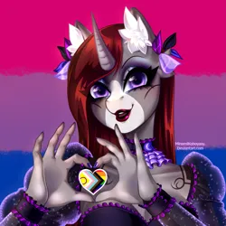 Size: 2893x2893 | Tagged: safe, artist:minamikoboyasy, derpibooru import, oc, oc:selune darkeye, unofficial characters only, anthro, pony, unicorn, bisexual pride flag, body markings, bow, ear fluff, goth, goth dress, hair bow, heart hands, horn, image, lgbt, markings, png, pride, pride flag, redhead, shitstain pride flag, solo