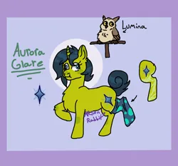 Size: 2048x1912 | Tagged: safe, artist:arsonrabbit, derpibooru import, oc, oc:aurora glare, unofficial characters only, bird, owl, pony, unicorn, g4, abstract background, blue eyes, blue hair, blue mane, blue tail, circle background, cross-eyed, digital art, female, green coat, horn, image, leg scar, mare, png, raised hoof, scar, signature, sock, solo, tail, unicorn oc