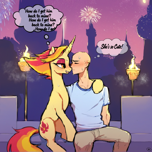 Size: 3088x3088 | Tagged: safe, ai content, derpibooru import, machine learning generated, prompter:buttonfixer, stable diffusion, fire flare, human, pony, unicorn, g4, anatomically correct, anus, arm around neck, aroused, bald, blush lines, blushing, butt, canterlot, clothes, cute, duo, duo male and female, exclamation point, eyes closed, eyeshadow, female, fire, fireworks, happy, heart, horn, human male, human on pony kissing, image, in love, makeup, male, moon, nudity, open mouth, plot, png, ponut, question, question mark, silhouette, sitting, stars, sweat, tail, thought bubble, torch, vulva