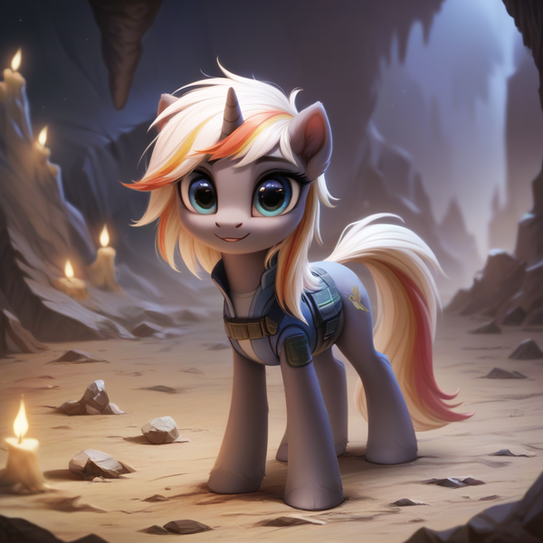 Size: 1024x1024 | Tagged: safe, ai content, derpibooru import, machine learning generated, stable diffusion, oc, oc:velvet remedy, unofficial characters only, pony, unicorn, fallout equestria, cave, cute, generator:pony diffusion v6 xl, horn, image, png, prompter:teonanakatle, solo