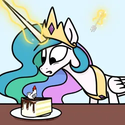 Size: 1080x1080 | Tagged: safe, artist:astralune, derpibooru import, princess celestia, alicorn, bird, chicken, pony, g4, cake, cakelestia, chocolate cake, crown, ethereal mane, eye twitch, folded wings, food, fork, image, indecision, jewelry, magic, peytral, plate, png, regalia, simple background, solo, sprinkles, table, telekinesis, that pony sure does love cakes, that princess sure is afraid of chickens, wings