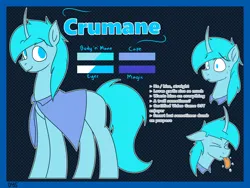 Size: 1600x1200 | Tagged: safe, artist:dysmal, derpibooru import, oc, oc:crumane, unofficial characters only, pony, unicorn, blue, blue background, blue eyes, blue mane, cape, clothes, horn, image, male, png, pronouns, reference sheet, simple background, stallion