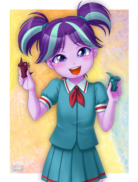 Size: 905x1200 | Tagged: safe, artist:uotapo, derpibooru import, starlight glimmer, human, equestria girls, g4, abstract background, alternate hairstyle, blushing, board game, clothes, cute, date (time), dragon pit, eyebrows visible through hair, figurine, glimmerbetes, happy, image, jpeg, looking at you, pigtails, school uniform, signature, skirt, smiling, smiling at you, solo, square background, twintails, younger