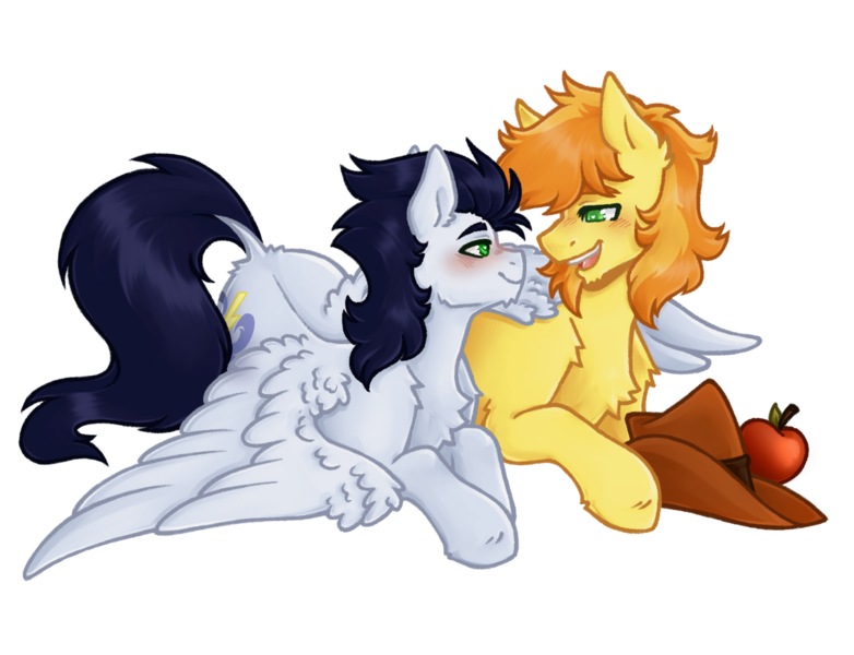 Size: 1280x982 | Tagged: safe, artist:kazmuun, derpibooru import, braeburn, soarin', earth pony, pegasus, pony, apple, blushing, commission, cowboy hat, duo, duo male, food, gay, hat, image, looking at each other, looking at someone, male, open mouth, png, ship:soarburn, shipping, simple background, stallion, transparent background