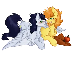 Size: 1280x982 | Tagged: safe, artist:kazmuun, derpibooru import, braeburn, soarin', earth pony, pegasus, pony, apple, blushing, commission, cowboy hat, duo, duo male, food, gay, hat, image, looking at each other, looking at someone, male, open mouth, png, ship:soarburn, shipping, simple background, stallion, transparent background