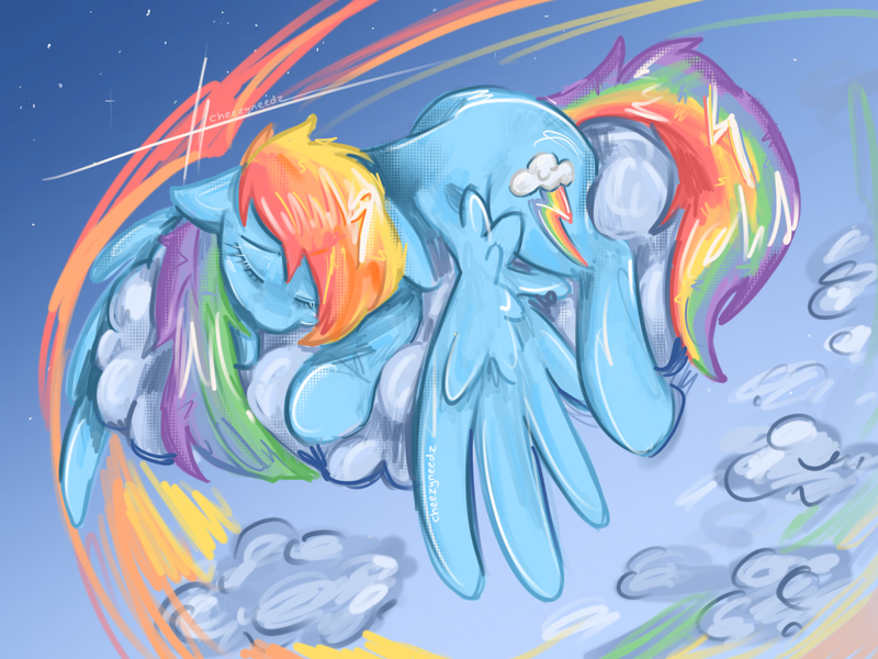 Size: 2160x1620 | Tagged: safe, artist:cheezyneedz, derpibooru import, rainbow dash, pegasus, pony, g4, cloud, female, image, mare, png, procreate app, sky, sleeping