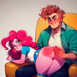 Size: 1024x1024 | Tagged: prompter needed, suggestive, ai content, machine learning assisted, machine learning generated, pinkie pie, oc, human, equestria girls, ass, balloonbutt, butt, image, jpeg, over the knee, spank mark, spanked, spanking