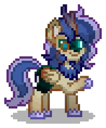 Size: 294x354 | Tagged: safe, derpibooru import, oc, oc:moon glow, unofficial characters only, alicorn, hybrid, kirin, pony, pony town, g4, alicorn oc, blue hair, blue mane, blue tail, cyan eyes, digital art, facial hair, goatee, gradient horn, horn, hybrid oc, image, interspecies offspring, kirin oc, magical lesbian spawn, male, monocle, offspring, parent:princess luna, parent:rain shine, parents:rainuna, pixel art, png, raised hoof, scales, sideburns, simple background, solo, stallion, tail, tan coat, transparent background, wings